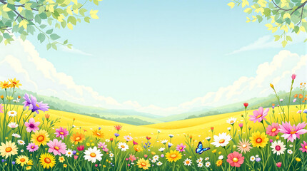 Bright, colorful cartoon illustration of a spring or summer meadow with flowers, blue sky, and green leaves. Ideal for children's themes or nature backgrounds.