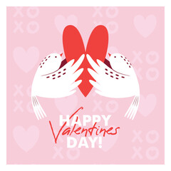 Square card to Saint Valentine's Day with white flying doves, who holding big red heart. Greeting card template with cute vector illustration and xoxo pattern on background. Flat Design