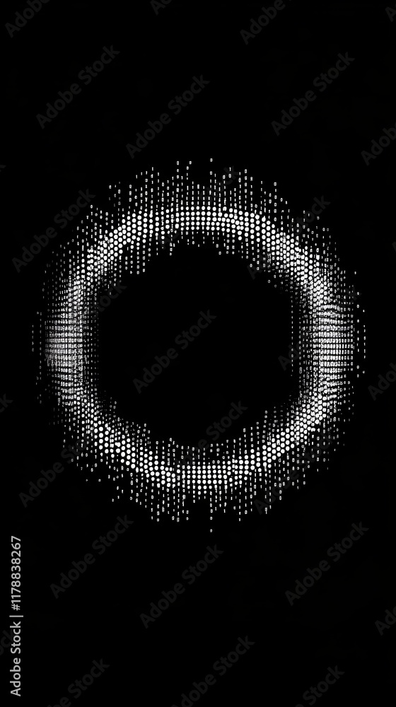 Poster This abstract image features a circular pattern created with points, set against a black background. The design embodies radial symmetry and offers a modern artistic element.