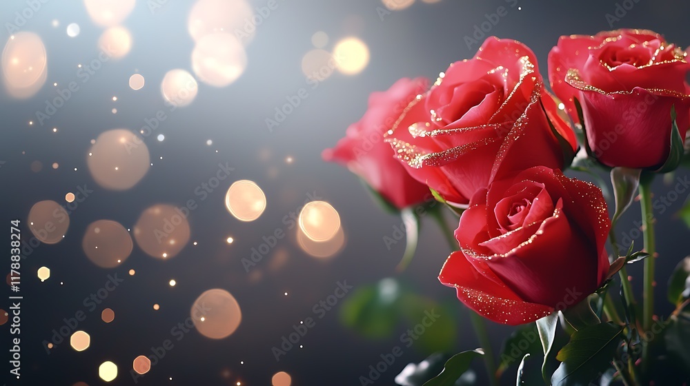Poster glowing red roses with shimmering golden sparkles in a dark moody background romantic elegant and vi