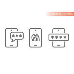 Phone password, pin unlock line icon set. Code smartphone unlocking, fingerprint login vector.