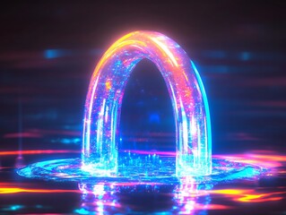 Vibrant Neon Archway Rises Mysteriously from Glowing Water: 3D Render, Futuristic Style. AI Generated