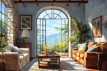 Fototapeta premium A living room with a couch, a coffee table, and a potted plant. The couch is brown and the coffee table is wooden. There are two chairs in the room, one of which is white