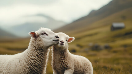 Fototapeta premium Close up of lamb nuzzling its mother in serene landscape, showcasing their wool