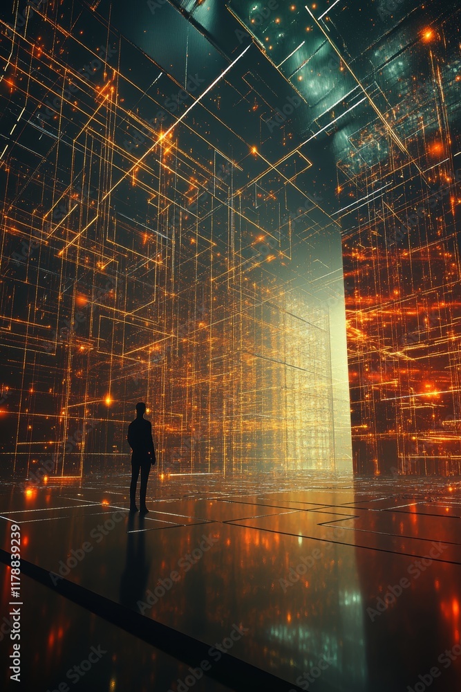 Poster futuristic big data network conceptual visualization of digital space and information flow architect