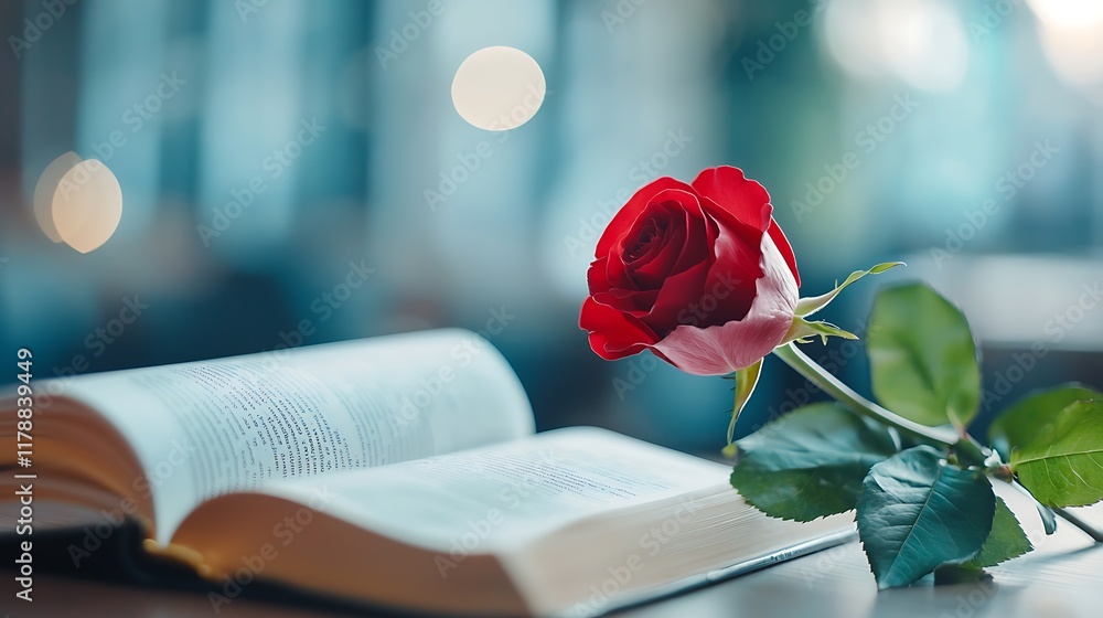 Poster luxurious red rose gently resting on the open pages of a book surrounded by soft diffused lighting c