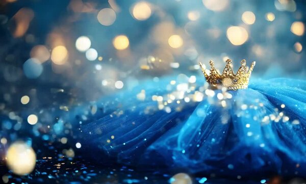 A blue tutu skirt with a gold crown on it, a princess-themed background, blurred lights in the background	