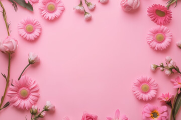 flatlay topview image with a pink background surrounded by ink flowers with an empty center for product placement