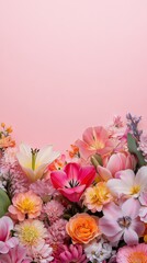 Obraz premium Beautiful arrangement of fresh roses lilies and tulips on soft pink background with space
