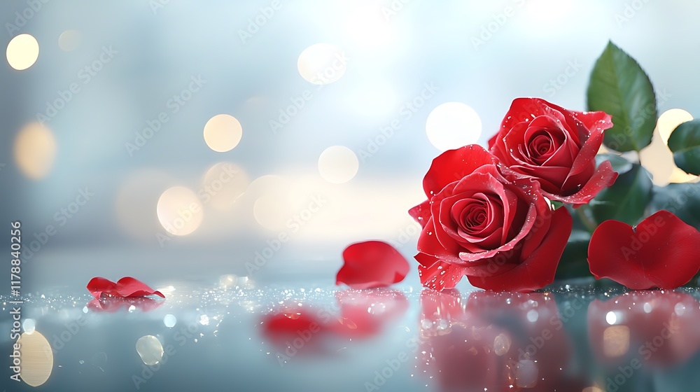 Poster mesmerizing close up view of vibrant red roses resting on a reflective surface surrounded by a warm 