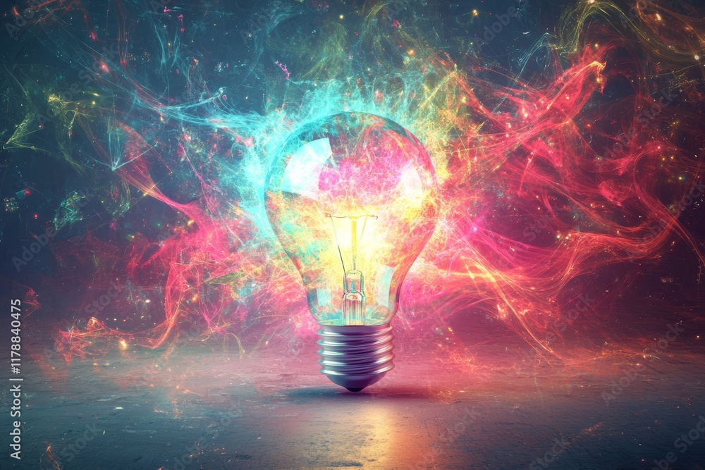 Poster this vibrant image depicts a light bulb surrounded by colorful energy, symbolizing the spark of an i