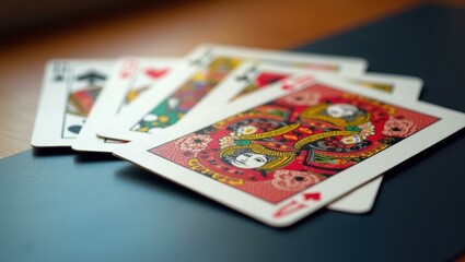 Close-up of colorful playing cards fanned out on dark surface, casino game concept, entertainment, luck, vibrant detailed design, poker, blackjack, leisure activity, indoor setting, focus on Queen ca