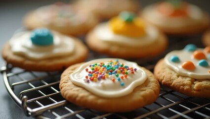 Close-up of colorful decorated sugar cookies with icing and sprinkles cooling on wire rack, perfect for holiday treats, party snacks, festive celebration, warm cozy kitchen background
