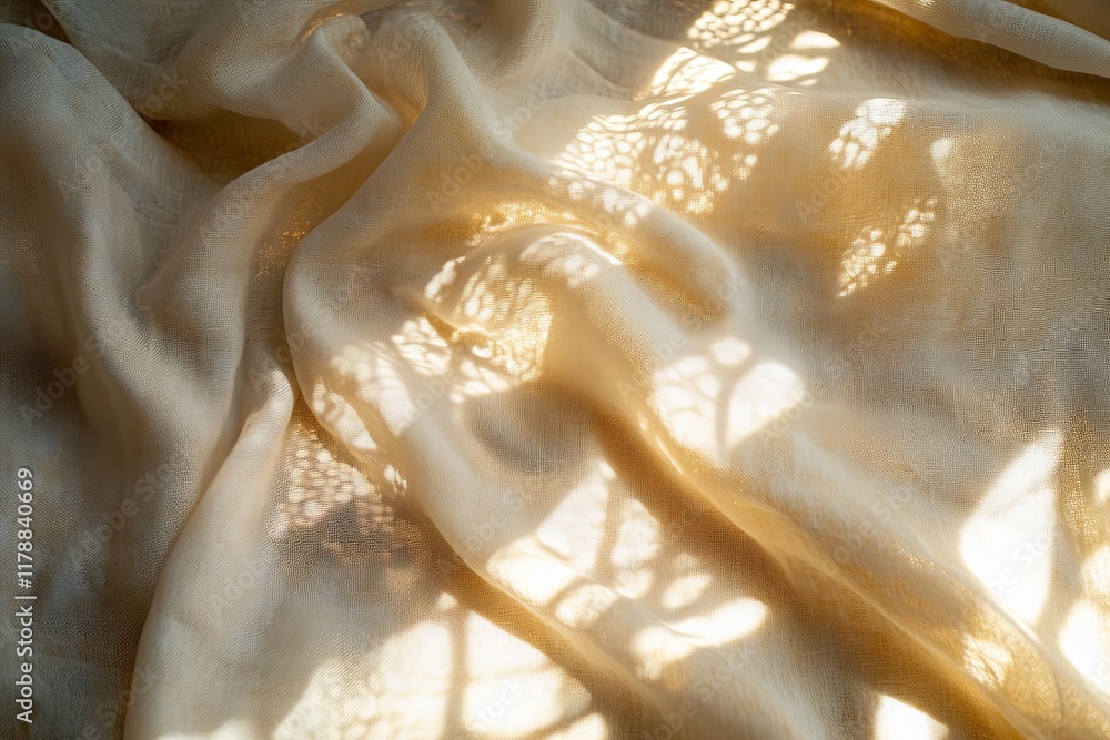 Poster sunlight casts intricate patterns on delicate fabric, creating a warm and serene atmosphere with sof