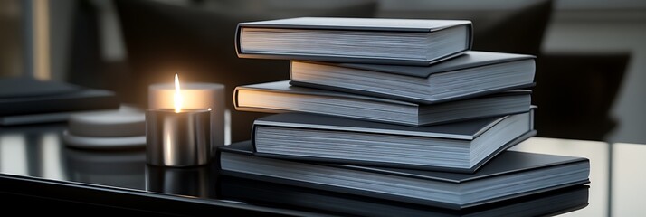 A pile of gray and silver books stacked on a sleek black desk with a flickering candle creating an elegant and calming atmosphere