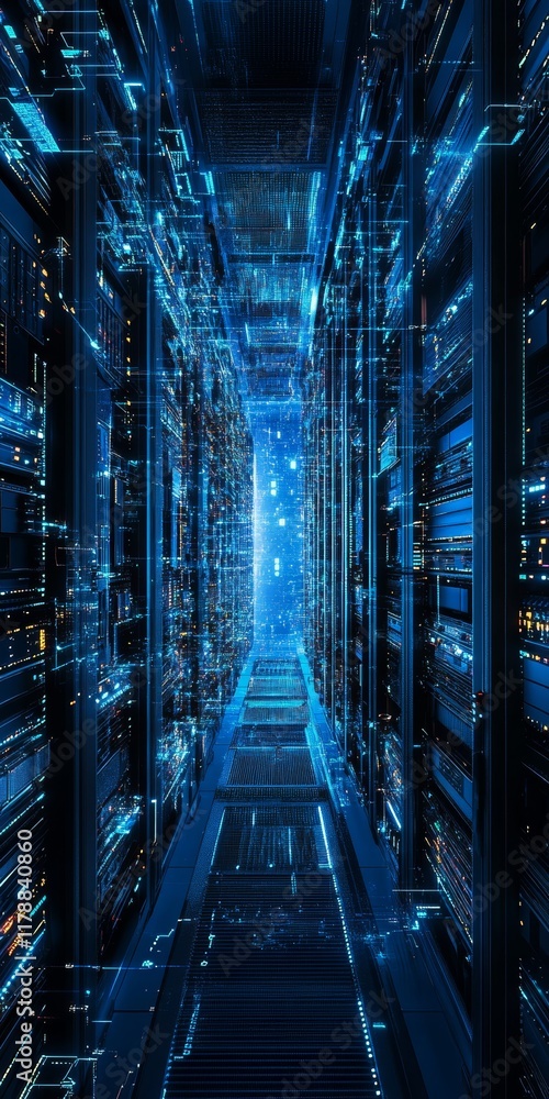 Poster futuristic data center with digital connections in a blue background for network and systems technol