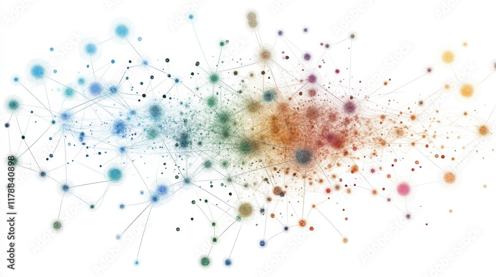 Poster this image depicts a vibrant and abstract visualization of interconnected data nodes, showcasing com