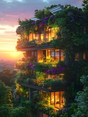 A vibrant virtual tour of an eco-friendly futuristic home with solar panels, lush vertical gardens, and soft sunset lighting. Ideal for promoting sustainable living and renewable energy projects.