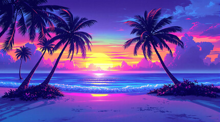 Tropical beach scene at sunset with palm tree silhouettes and vibrant, neon colors. Ideal for travel, vacation, summer, or retro/synthwave themes.