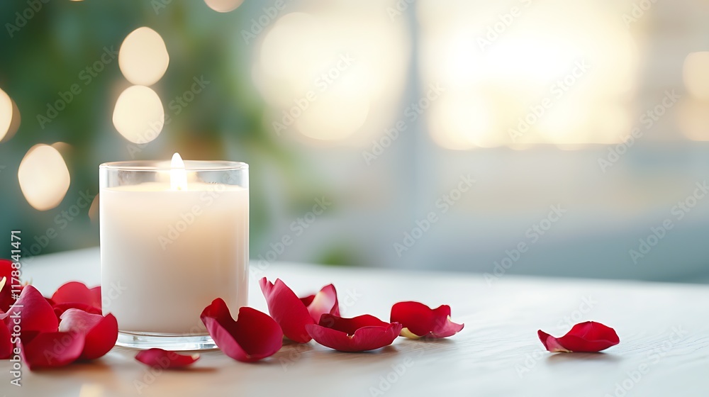 Poster romantic candlelit table setting with scattered red rose petals creating a cozy and intimate ambianc