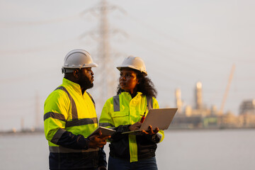 Fototapeta premium Two professionals in high-visibility jackets and hard hats stand in front of a power plant. One is holding a laptop, while the other is observing the facility,reflecting a focus on energy and industry
