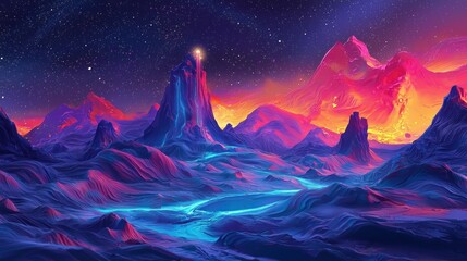 Fototapeta premium Surreal Nightscape: Vibrant Mountains under Starry Sky