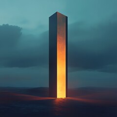 A glowing monolith stands in a vast desert at dusk, casting an ethereal light against a dramatic sky.