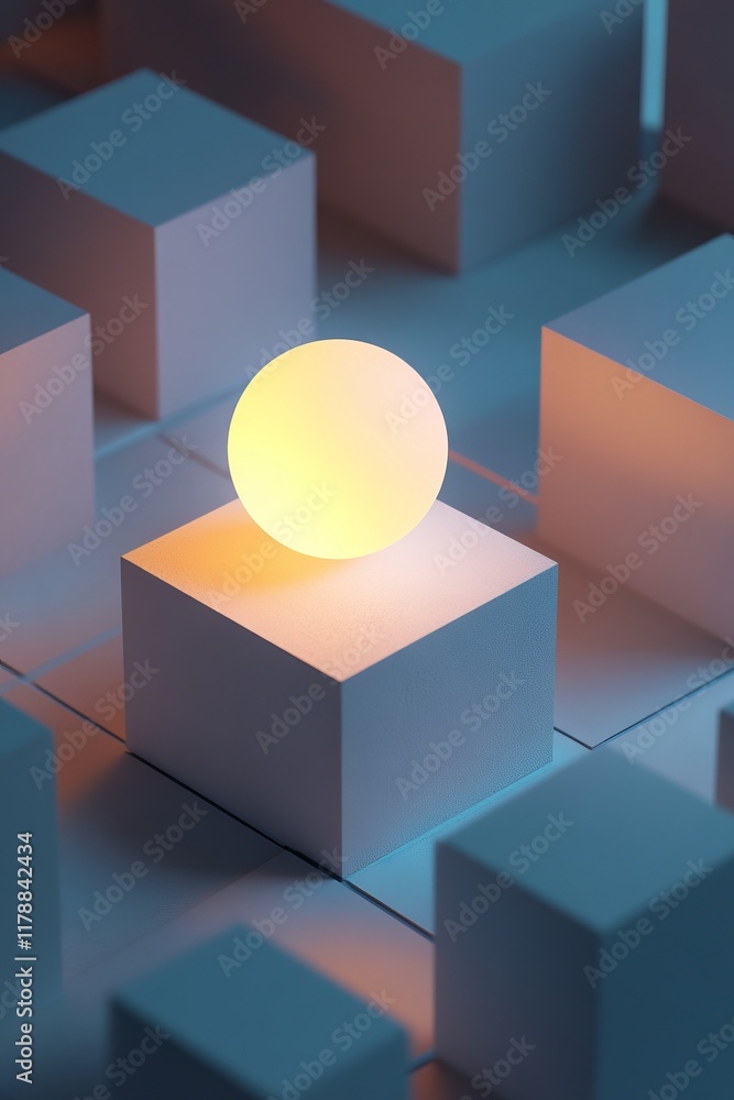 Aufkleber a glowing sphere rests on white cubes, creating a minimalist and abstract scene with soft lighting.