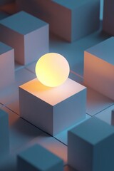 A glowing sphere rests on white cubes, creating a minimalist and abstract scene with soft lighting.