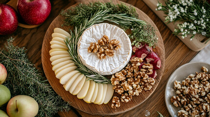 Queso Camembert con nueces, rodajas de manzana y hierbas frescas sobre una tabla de madera, decorado con frutas y vegetaci&oacute;n