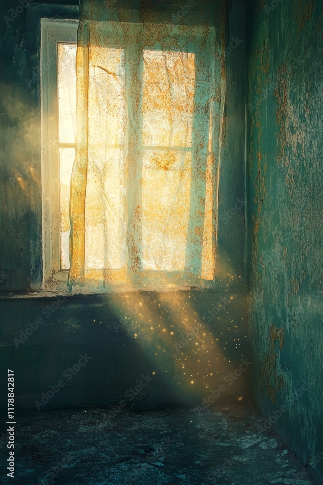 Poster a soothing view of light streaming through a tattered curtain in an abandoned room, creating a seren