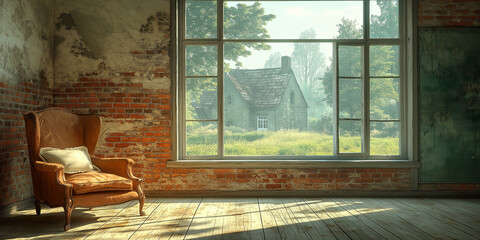 Serene morning light illuminates abandoned rustic home cozy interior calm environment natural view nostalgic concept for peaceful living
