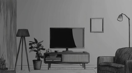 A black and white drawing of a living room with a television, a lamp, a chair, and a potted plant