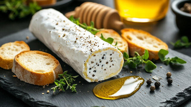 Rulo de queso de cabra con pimienta, acompa&ntilde;ado de rebanadas de pan, hierbas frescas y miel sobre una tabla de pizarra negra