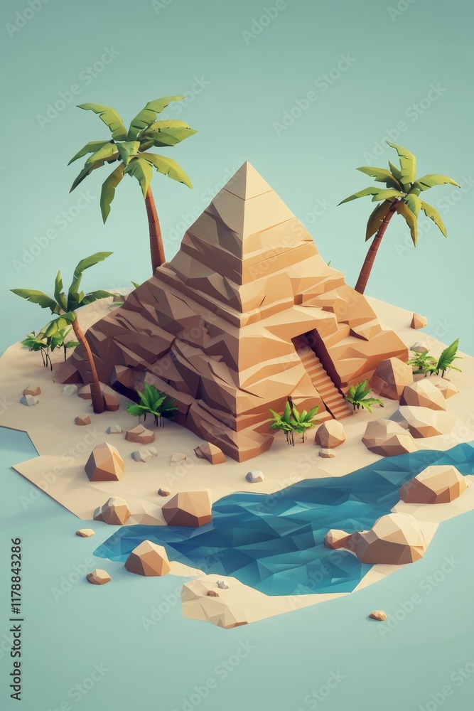 Poster a 3d model of a pyramid on a beach with palm trees in the background