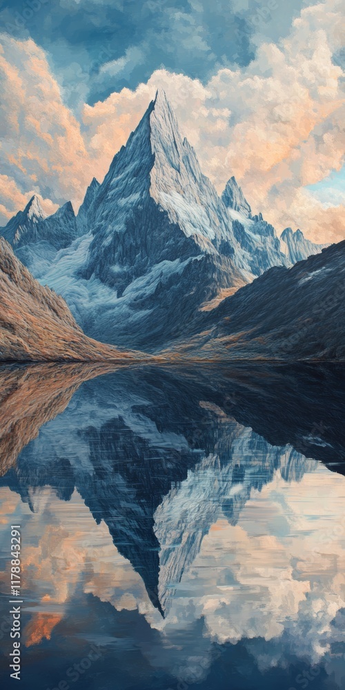 Aufkleber a mountain range with a large peak and a lake in the foreground. the reflection of the mountain in t