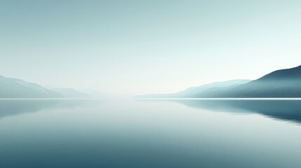 Fototapeta premium Peaceful scene of a calm lake reflecting misty mountains under a clear sky, capturing the essence of tranquility and natural beauty.