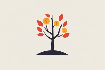 A minimalist illustration showcasing a tree with coins symbolizing business success and growth. This graphic represents investment potential and financial achievement.