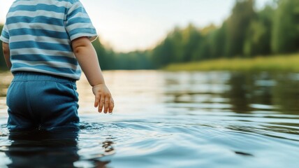 Fototapeta premium A conceptual representation of a lakeshore ecosystem. A child wades through a serene river, enjoying nature's tranquility.