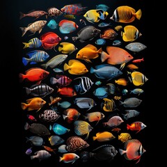  various tropical brightly colored fish on a black background 