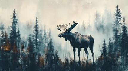 Majestic moose standing in the wild, scenic nature background image.