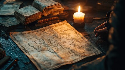 Close-up of battle plans on a table, with a candle illuminating strategic map