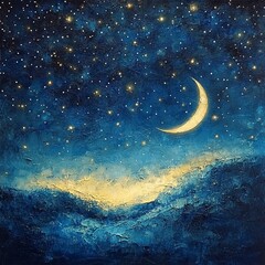 Fototapeta premium Experience the serene beauty of a tranquil night sky, featuring a crescent moon and sparkling stars above dark, textured hills. Ideal for nature lovers.