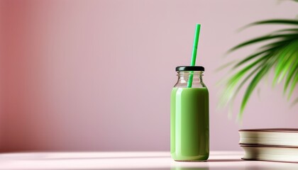 mockup Green bottle with straw on pink background with copy space