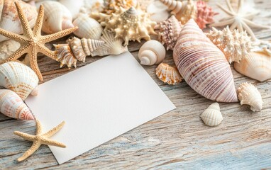 Seashells Summer Beach Background with Blank Notecard for Text or Message