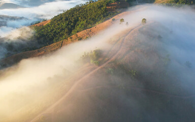 Aerial landscape view of mountains and the sea of fog by drone