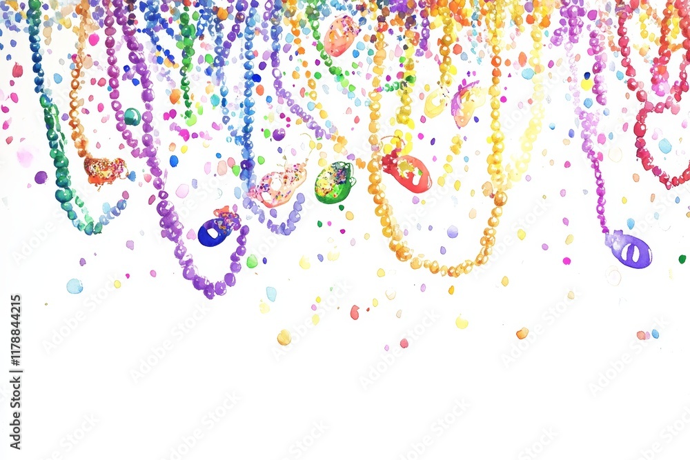 Poster this image features an array of colorful beads and strings hanging in a cheerful arrangement, perfec