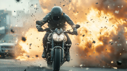 Motorcycle Rider Amidst an Explosion: A biker in full gear races through a fiery explosion, capturing the adrenaline-fueled thrill of danger and defiance.