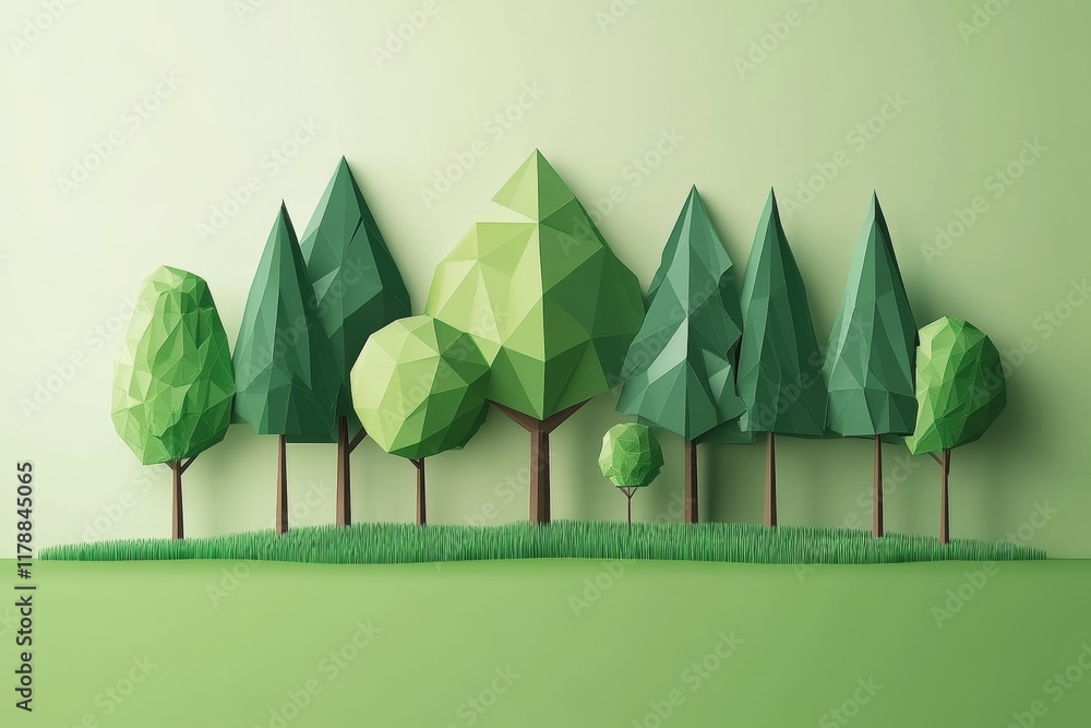 Aufkleber a green background with trees on it. the trees are made of paper and are arranged in a row