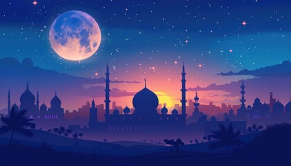 Naklejka premium Nighttime Arabian Cityscape with Mosque and Camel Silhouette